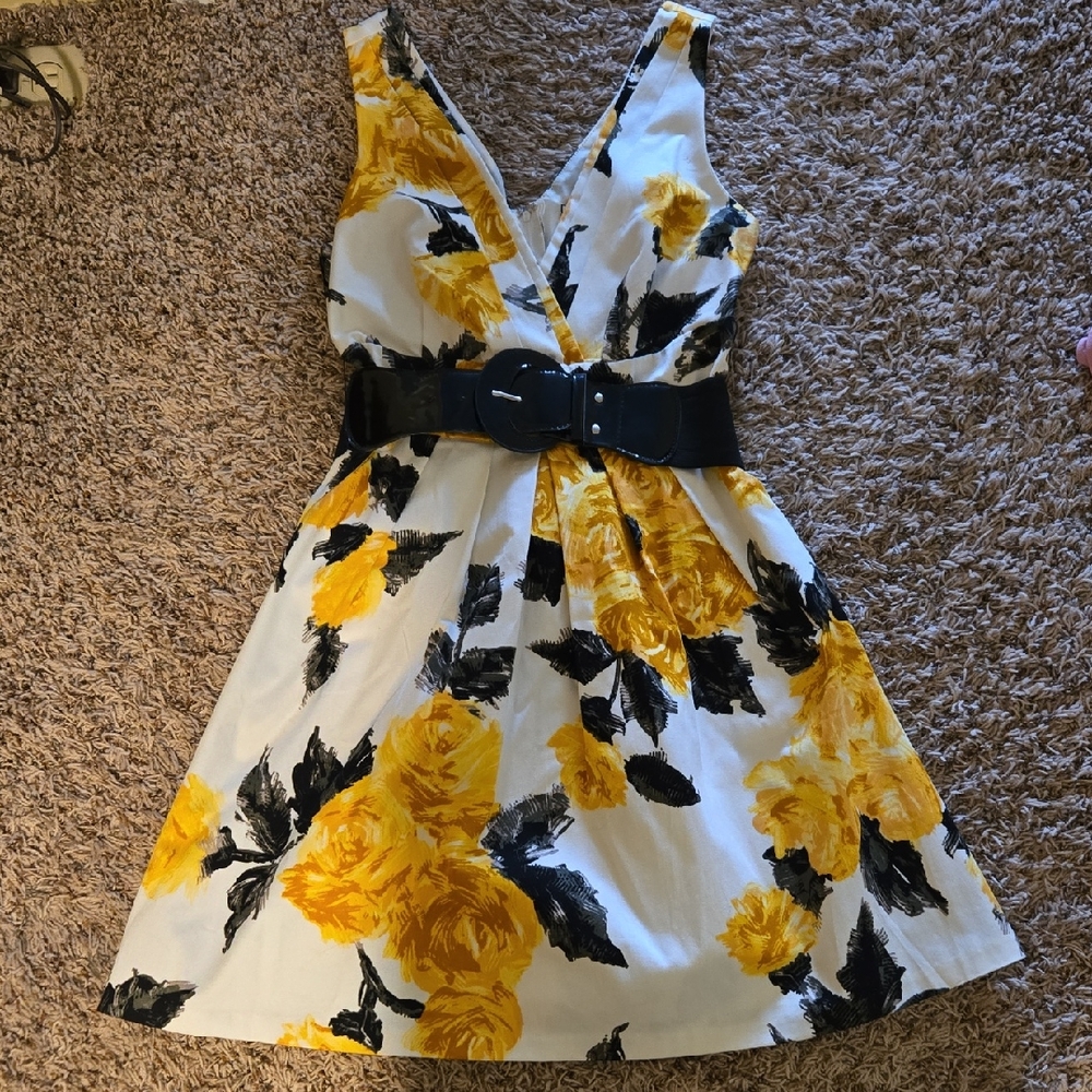 Yellow Floral V-Neck Mini Dress with Black Belt